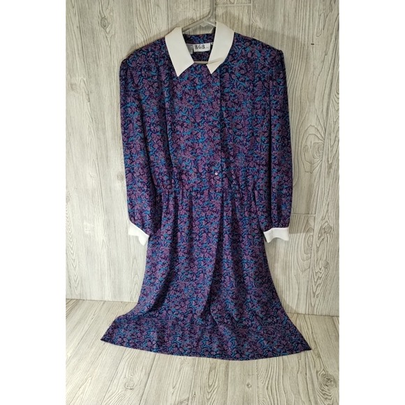 B.G.B. Limited Dresses & Skirts - B.G.B. Limited Size 10 Dress Blue Purple Flower Pattern White Cuffs And Collar